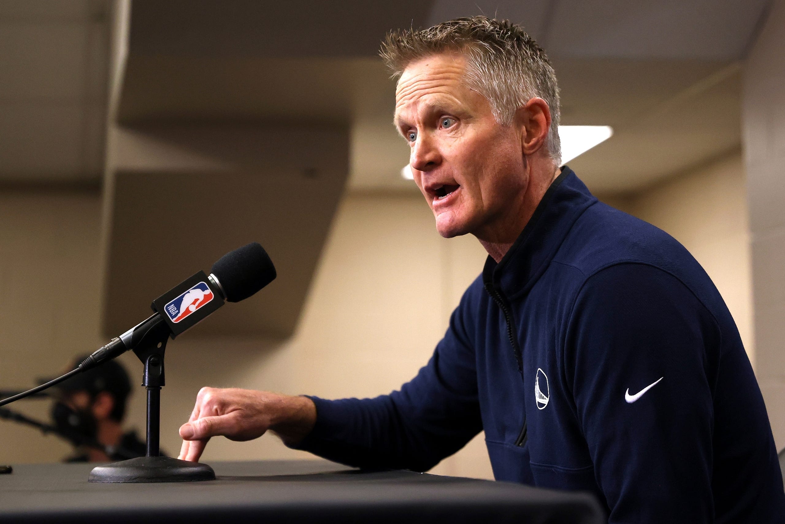 Before the NBA playoff game against the Dallas Mavericks on May 25, 2022, Golden State Warriors coach Steve Kerr calls for gun reforms after the school massacre in Uvalde, Texas.